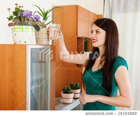 woman watering flowers in pots 16103889