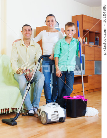 happy family of three finished housework happy family of three finished housework 16104996