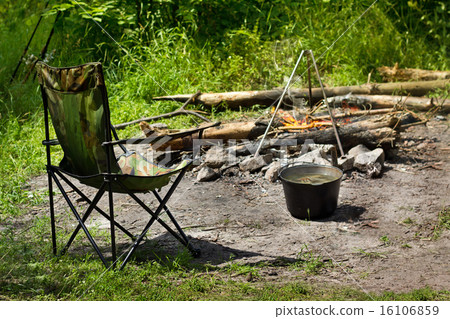 Relaxing and preparing food on campfire in camping Relaxing and preparing food on campfire in camping 16106859