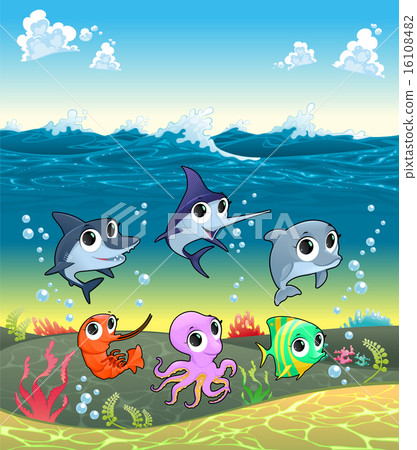 Funny Marine Animals On The Ocean Floor Stock Illustration