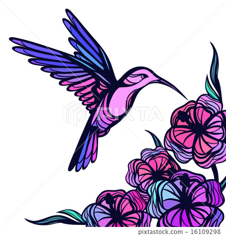 Flying tropical hummingbird on white background with flowers Flying tropical hummingbird on white background with flowers 16109298