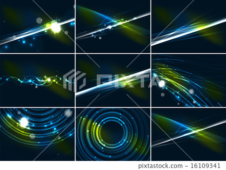 Abstract color glowing lines in dark space with stars and light effects background set 16109341