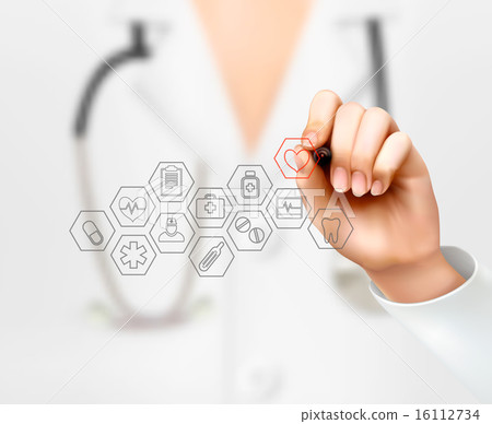 Doctor drawing medical icons. Concept of health. Doctor drawing medical icons. Concept of health. 16112734