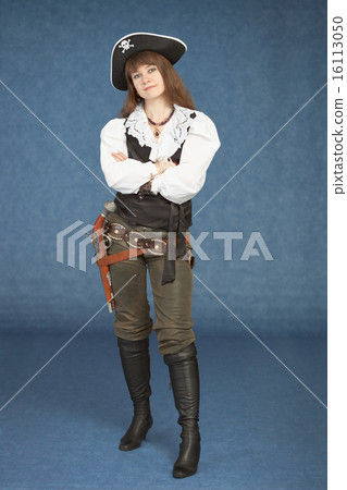 Sexy woman - pirate armed with a pistol on blue background Sexy woman - pirate armed with a pistol on blue background 16113050