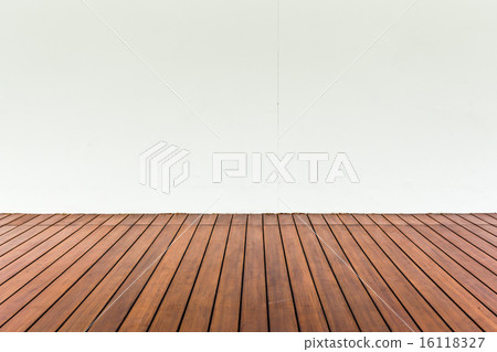 Wood plank floor and white wall vintage background 16118327