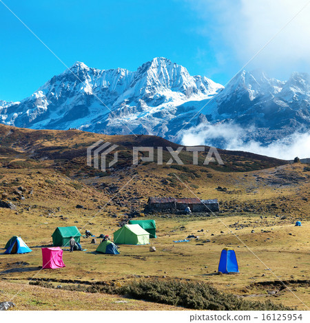 Campsite with tents on the top of high mountains Campsite with tents on the top of high mountains 16125954
