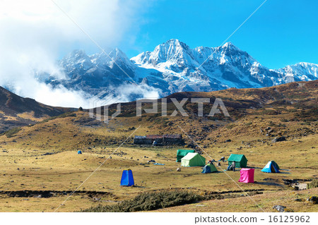 Campsite with tents on the top of high mountains 16125962