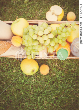 Picnic Food in Wattled Basket.Top View Picnic Food in Wattled Basket.Top View 16127921