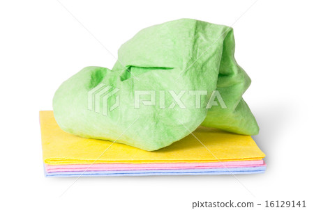 Multicolored stack cleaning cloths crumpled on top 16129141