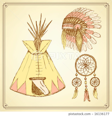 Sketch native american set in vintage style Sketch native american set in vintage style 16136177