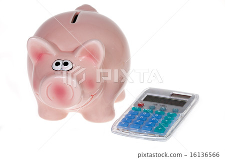 Pink piggy bank and pocket calculator 16136566