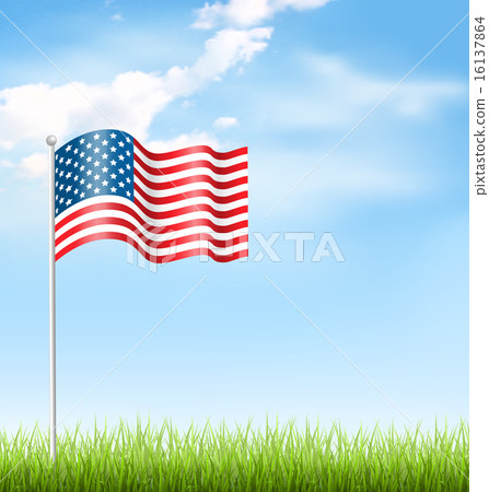 Wavy USA national flag with grass and cloud on sky Wavy USA national flag with grass and cloud on sky 16137864
