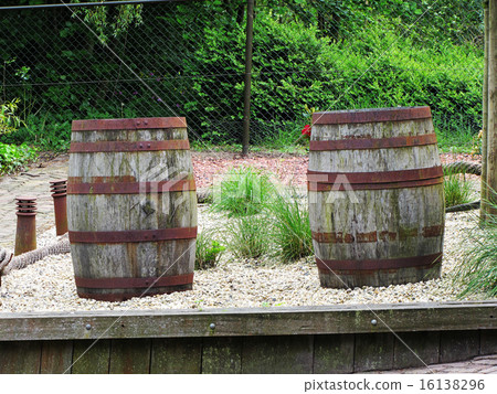 Two old barrels on a wooden barn floor Two old barrels on a wooden barn floor 16138296