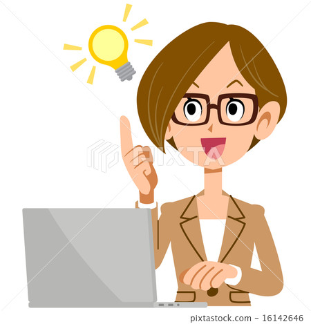 Business woman wearing eyeglasses flashing idea and laptop computer Business woman wearing eyeglasses flashing idea and laptop computer 16142646
