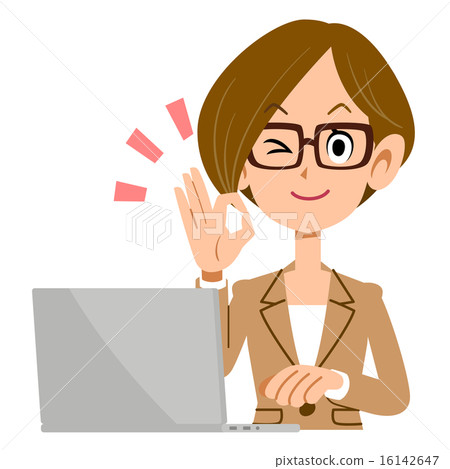 A business woman who puts out glasses on the sign of OK and a laptop computer A business woman who puts out glasses on the sign of OK and a laptop computer 16142647