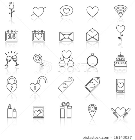 Valentine's day line icons with reflect on white 16143027