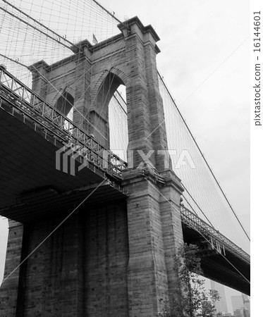 Brooklyn Bridge looking up from Bridge Park in New York, Beautiful scenery of viaduct Brooklyn Bridge looking up from Bridge Park in New York, Beautiful scenery of viaduct 16144601