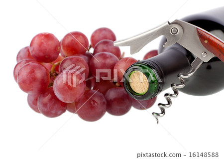Wine bottle with corkscrew and grapes Wine bottle with corkscrew and grapes 16148588