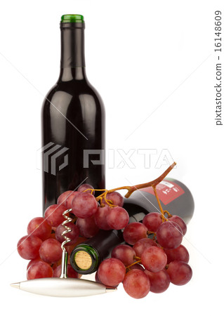 Two Wine bottle with corkscrew and grapes 16148609
