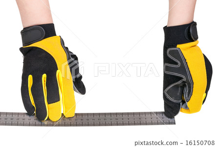 worker hands in safety gloves with ruler isolated 16150708