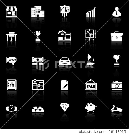 Asset and property icons with reflect on black 16158015