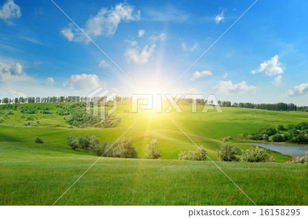 field, sunrise and blue sky field, sunrise and blue sky 16158295