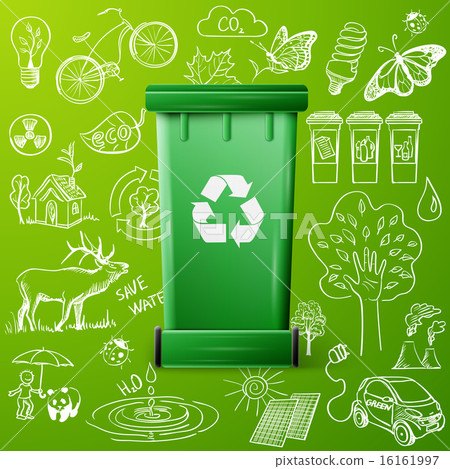 Green Recycle Bin and Ecology doodle icons 16161997