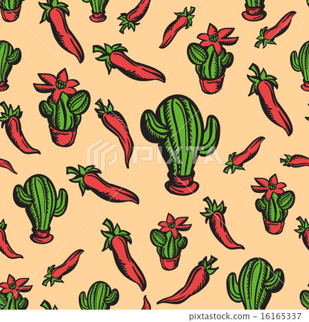 Mexican theme background with peppers and cactuses 16165337