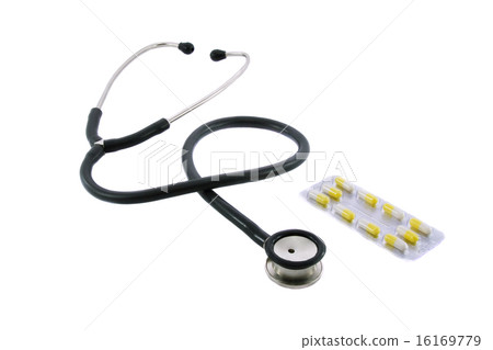 Phonendoscope and pills isolated on white background  16169779
