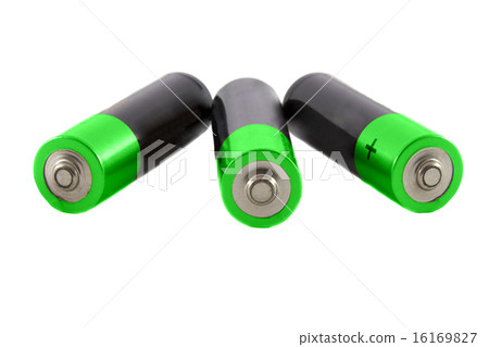 Three green batteries isolated over white background. Three green batteries isolated over white background. 16169827