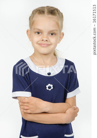 Half-length portrait of positive six-year girl Half-length portrait of positive six-year girl 16171513