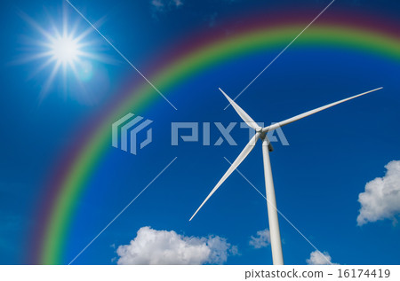 Closeup Wind turbine power generator with rainbow on blue sky Closeup Wind turbine power generator with rainbow on blue sky 16174419