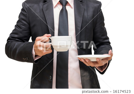 Businessman holding the coffee cup on white background Businessman holding the coffee cup on white background 16174523