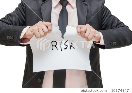 Businessman ripping up the RISK sign on white background 16174547