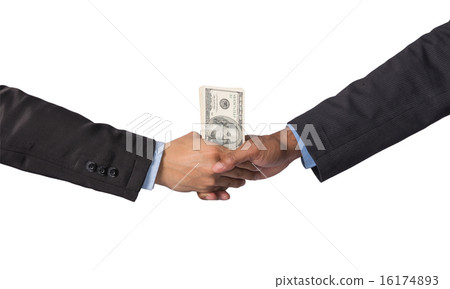 Hand shake between a businessman with dollar money on white back 16174893