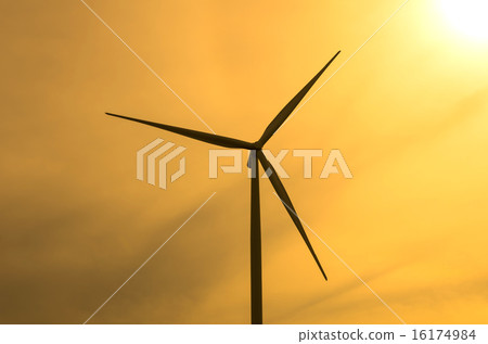 Closeup Wind turbine power generator with sunset background Closeup Wind turbine power generator with sunset background 16174984