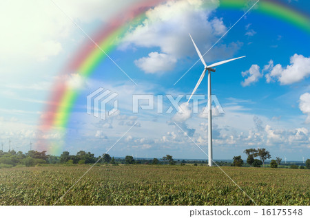 Wind turbine power generator with rainbow on blue sky Wind turbine power generator with rainbow on blue sky 16175548