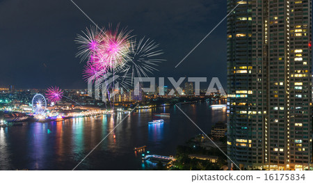 Fireworks night scene with bangkok cityscape river view Fireworks night scene with bangkok cityscape river view 16175834