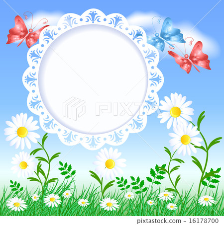 Spring meadow with butterflies, flowers and frame 16178700