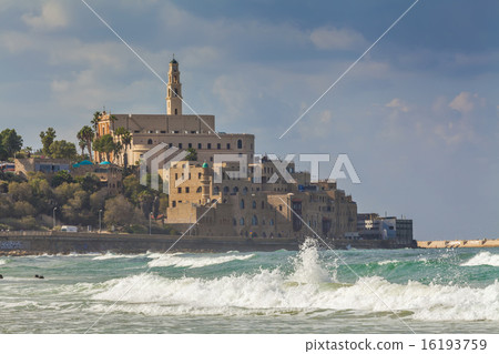 View of old Jaffa and big waves. 16193759