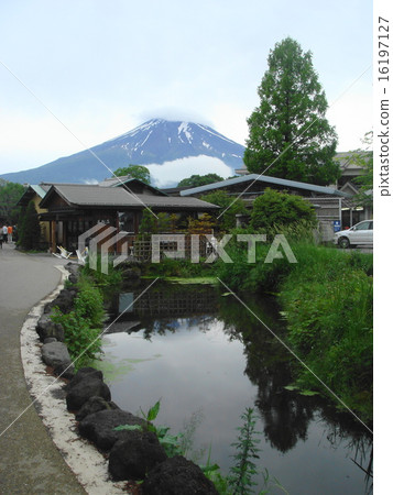 山梨縣忍野村富士山、忍野八海、霞雲的景色 16197127