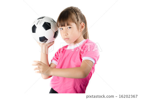 Little happy girl in pink holding soccer ball on white backgroun 16202367