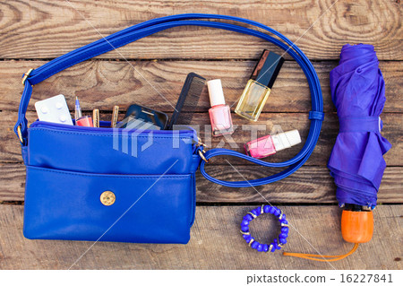Blue women's purse. Things from open lady hand bag Blue women's purse. Things from open lady hand bag 16227841
