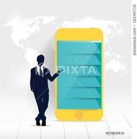 Businessman showing touchscreen device with Infographic design t Businessman showing touchscreen device with Infographic design t 16240718