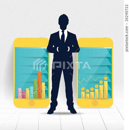 Businessman showing touchscreen device with graph and Infographi Businessman showing touchscreen device with graph and Infographi 16240722