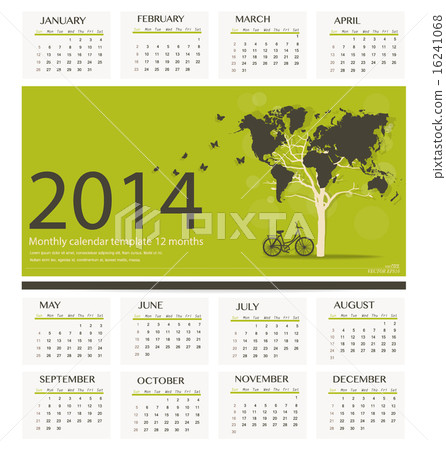 2014 calendar, tree shaped world map design. Vector illustration 16241068