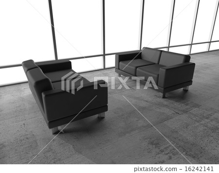 White window and two black leather sofas, 3d 16242141