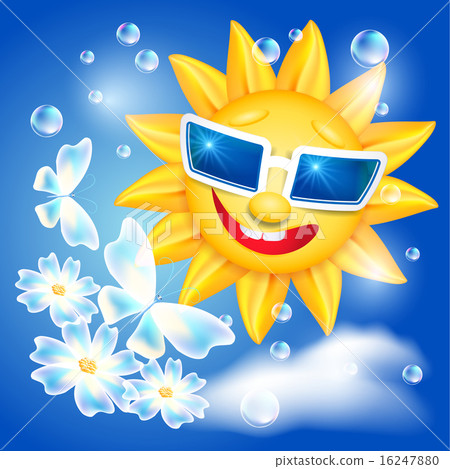 Smiling sun in glasses on blue sky background Smiling sun in glasses on blue sky background 16247880