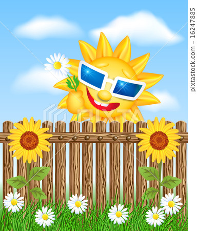 Wooden fence on grass and smiling sun Wooden fence on grass and smiling sun 16247885