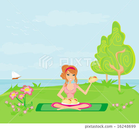 Girl on picnic and plate of sandwiches Girl on picnic and plate of sandwiches 16248699